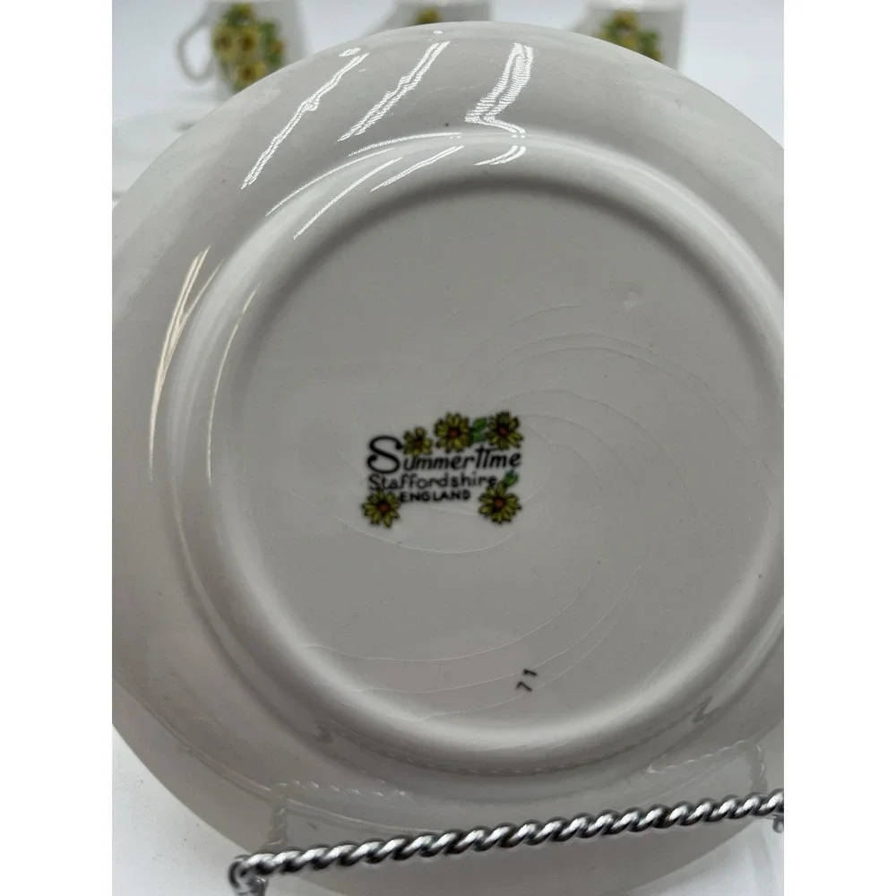 Staffordshire Summertime England 7 Pc Tea Set 3 Cups 4 Saucers Yellow Daisy